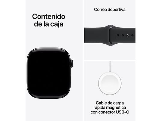 Apple Watch Series 11 (2025), GPS, 42 mm, Caja de aluminio Negro Azabache, Correa deportiva Negra, S/M, Calidad del sueño, 24h Autonomía